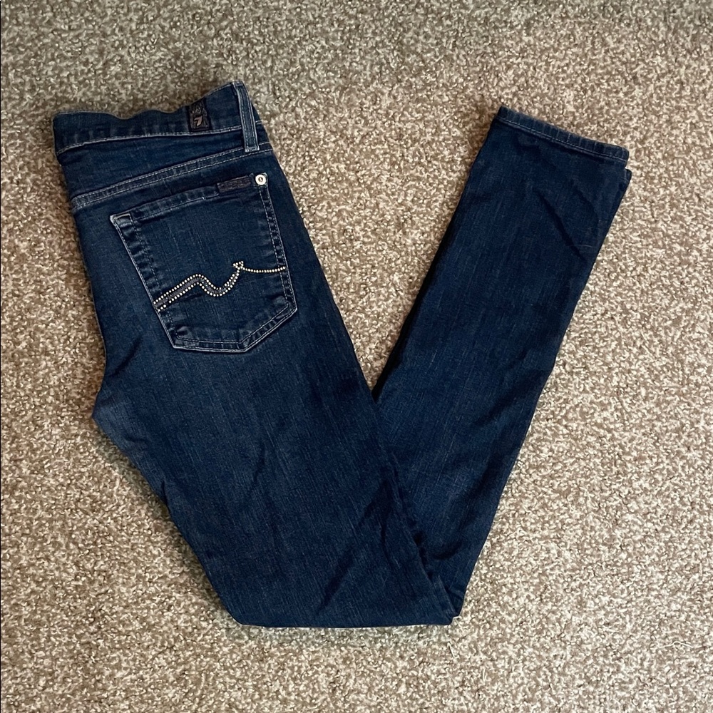 7 For All Mankind Dark Blue Skinny Jeans with Rhinestone Back Pocket Detail